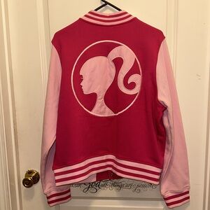 NWOT Barbie Varsity sweater jacket, in hot pink and light pink, XL.